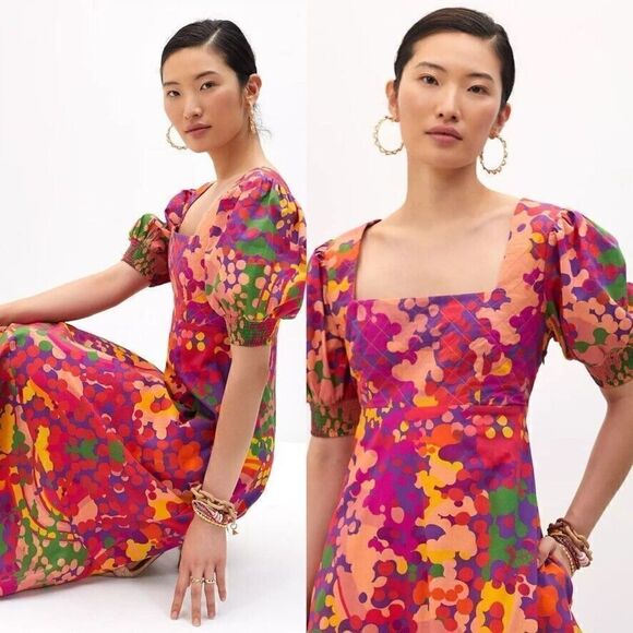 Anthropologie Roopa Pemmaraju Floral Midi Dress Abstract Colorful XS NWT - Picture 3 of 7